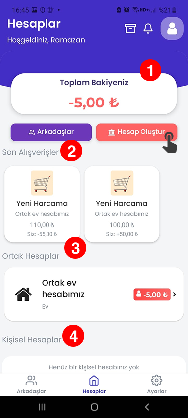 Hesaplar ekran görüntüsü